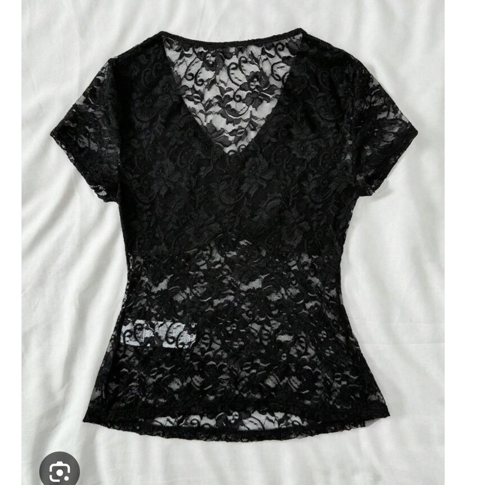 Black Floral Lace V-Neck Milkmaid Short Sleeve Fully Sheer Blouse Top Jrs Medium